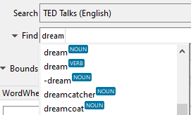 Example of searching for the word dream