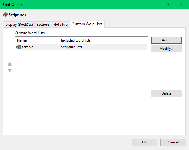 Example of the custom wordlists tab in the Book Options window