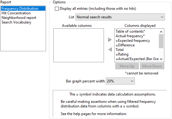 Example of frequency distribution options