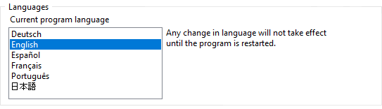 Menu of language selection in user preferences