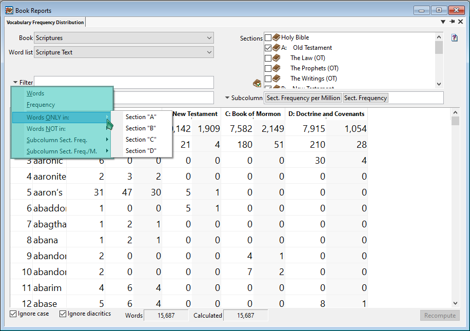 Example of the filter options