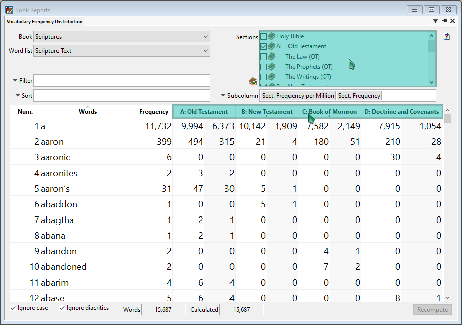 Example of section selection options